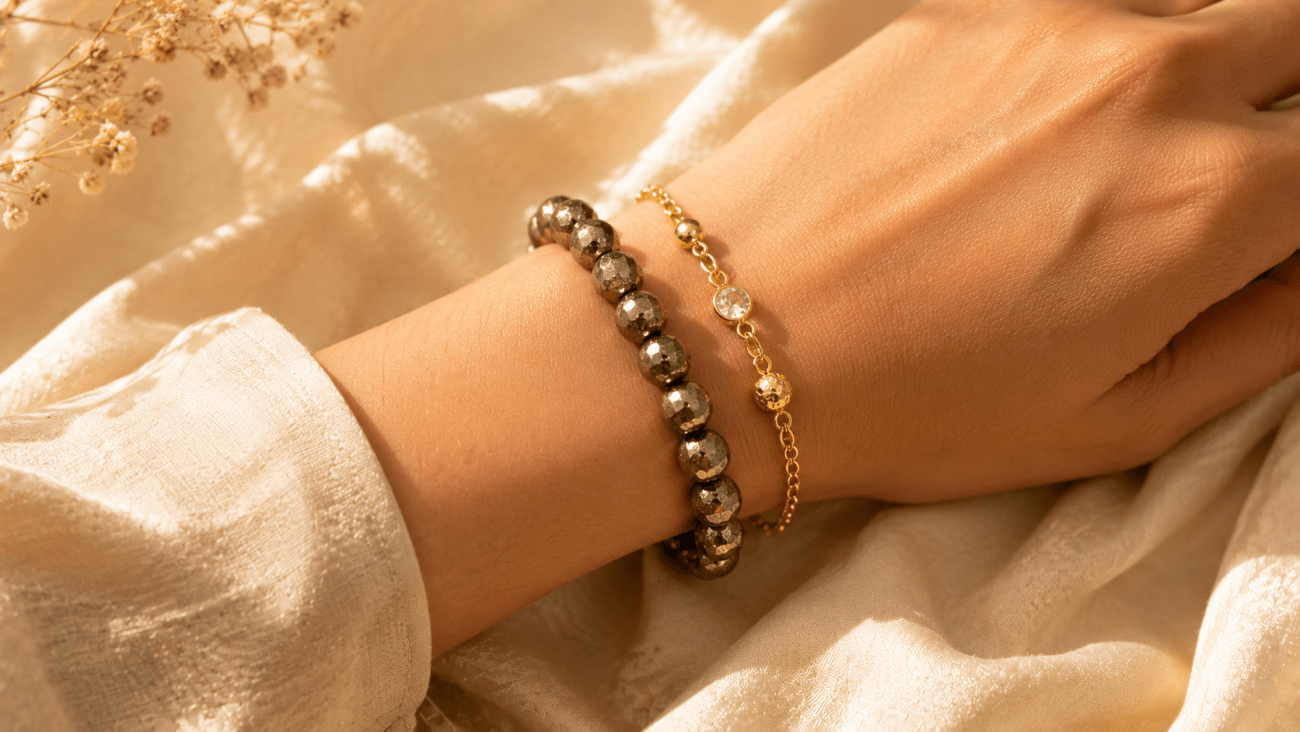 Pyrite bracelet worn on the dominant wrist for continuous Solar Plexus activation and wealth magnetism