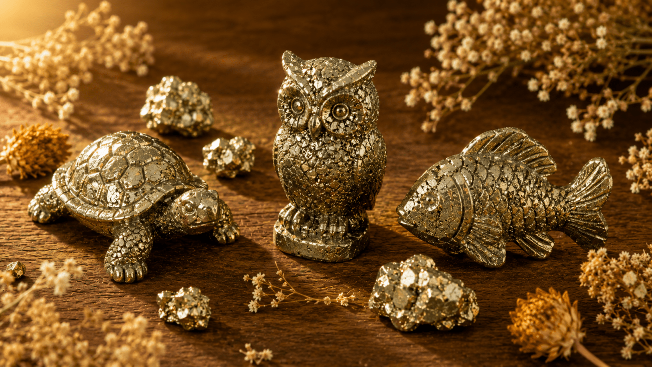 Pyrite Vastu figurines &mdash; tortoise for stability, owl for wisdom, fish for abundance flow