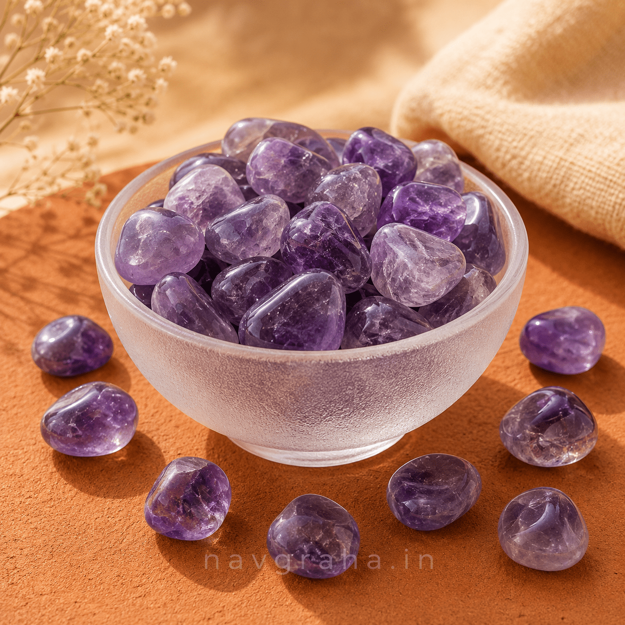 ac0109e1-96a8-4e06-bdfe-e4a48d6e5426 Amethyst Tumble Stones | 100 Grams | Crystal for Mental Peace, Clarity & Spiritual Protection | Navgraha.In - Image 1