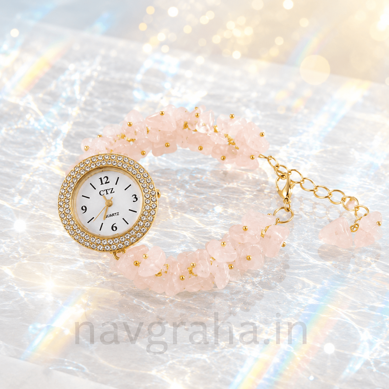 f472c2bc-f971-40db-89ae-ccefe1feaaa6 Rose Quartz Crystal Wrist Watch | Genuine Natural Gemstone Dial | Luxury Healing Crystal Watch for Love | Navgraha.In - Image 1