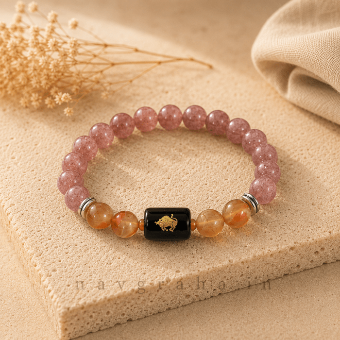 Taurus (वृषभ राशि) Zodiac Bracelet & FREE Raw Selenite Charging Plate | Sunstone & Carnelian | Natural Crystal Rashi Bracelet for Confidence | Navgraha.In - Image 2