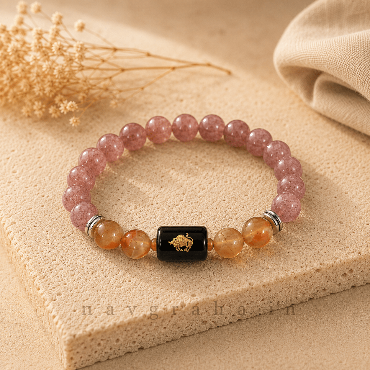 013ac833-8efa-4f0d-b6ff-f55296f61a36 Taurus (वृषभ राशि) Zodiac Bracelet | Sunstone & Carnelian | Natural Crystal Rashi Bracelet for Confidence | Navgraha.In - Image 1