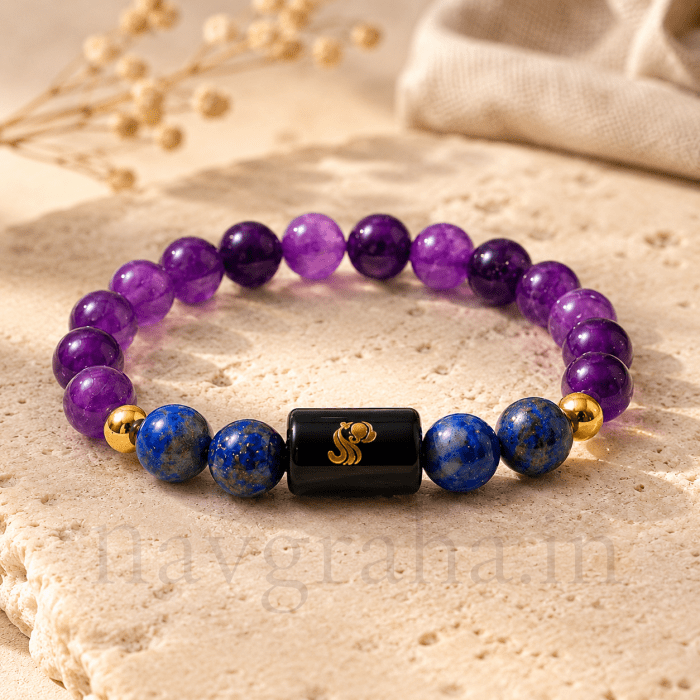 Aquarius (कुंभ राशि) Zodiac Bracelet & FREE Raw Selenite Charging Plate | Amethyst & Lapis Lazuli | Natural Crystal Rashi Bracelet for Emotional Awareness And Mental Calm | Navgraha.In - Image 2