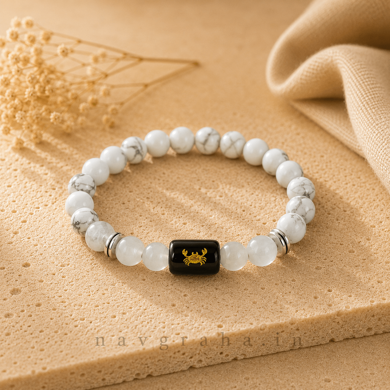 61d8c536-78cd-4cfb-bc78-4bce4b686d69 Cancer (कर्क राशि) Zodiac Bracelet | Howlite & Milky Quartz | Natural Crystal Rashi Bracelet for Emotional Peace | Navgraha.In - Image 1