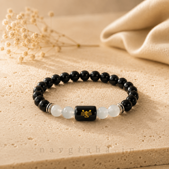 Scorpio (वृश्चिक राशि) Zodiac Bracelet & FREE Raw Selenite Charging Plate | Black Obsidian & Milky Quartz | Natural Crystal Rashi Bracelet for Emotional Balance | Navgraha.In - Image 2
