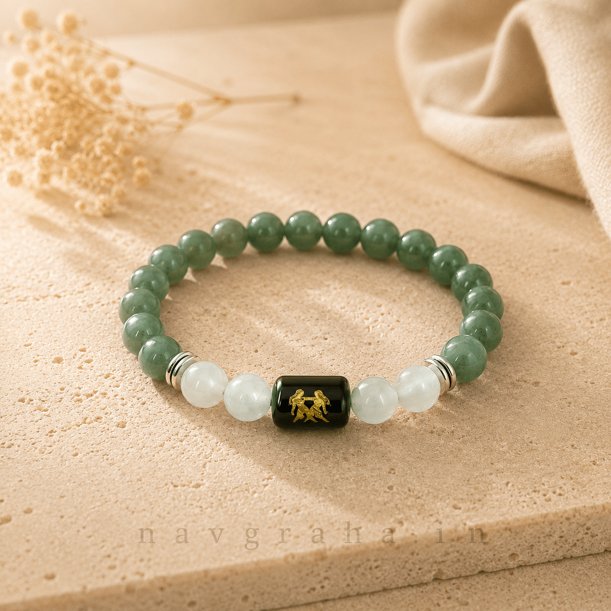 d04cbb8d-11ed-44b5-85b8-416292b22815 Gemini (मिथुन राशि) Zodiac Bracelet | Green Aventurine & Milky Quartz | Natural Crystal Rashi Bracelet for Balance | Navgraha.In - Image 1