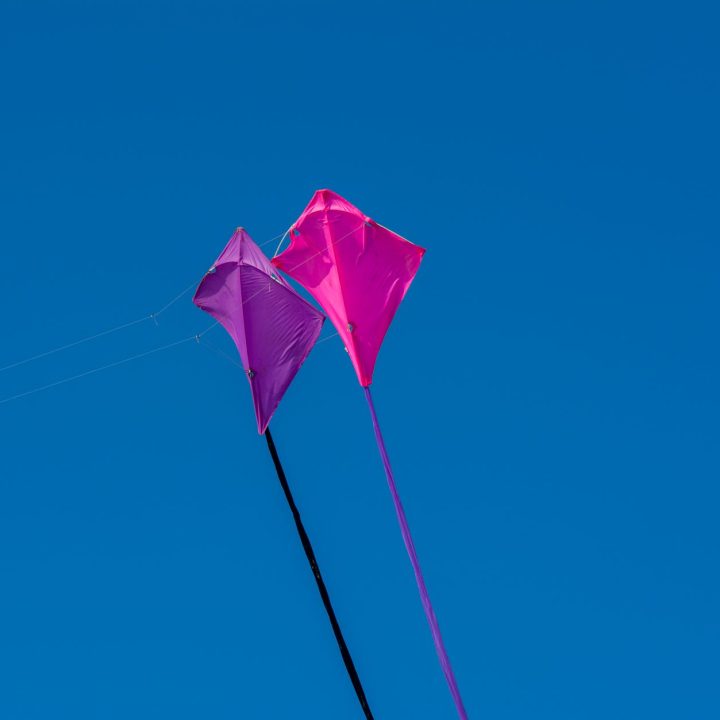 pink and purple kites on the background of clear blue sky