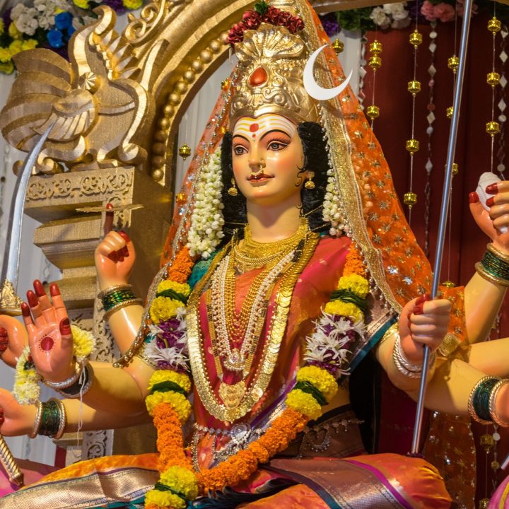 vibrant durga idol decorated for navratri festival
